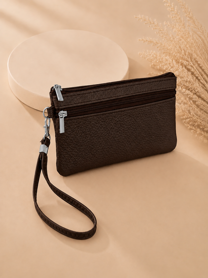 Porte-monnaie femme en cuir grainé marron chocolat