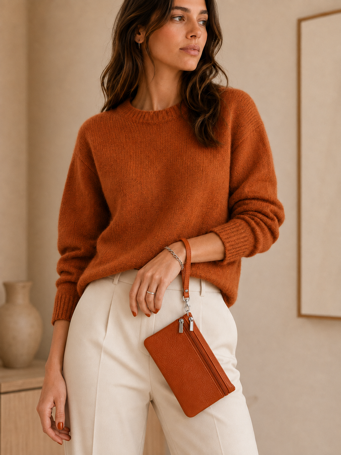 Porte-monnaie femme en cuir grainé marron cognac