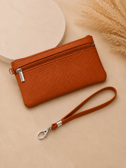 Porte-monnaie femme en cuir grainé marron cognac