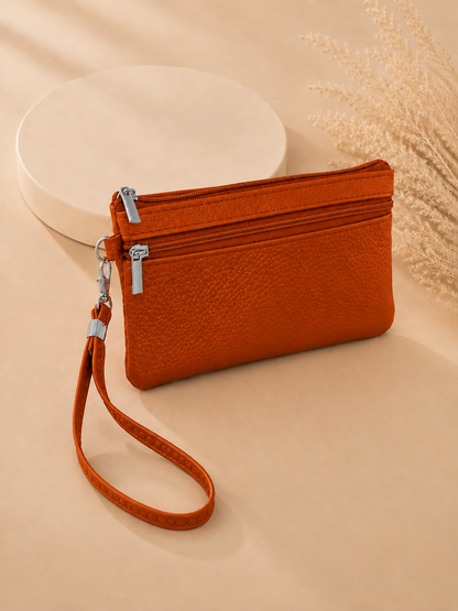 Porte-monnaie femme en cuir grainé marron cognac