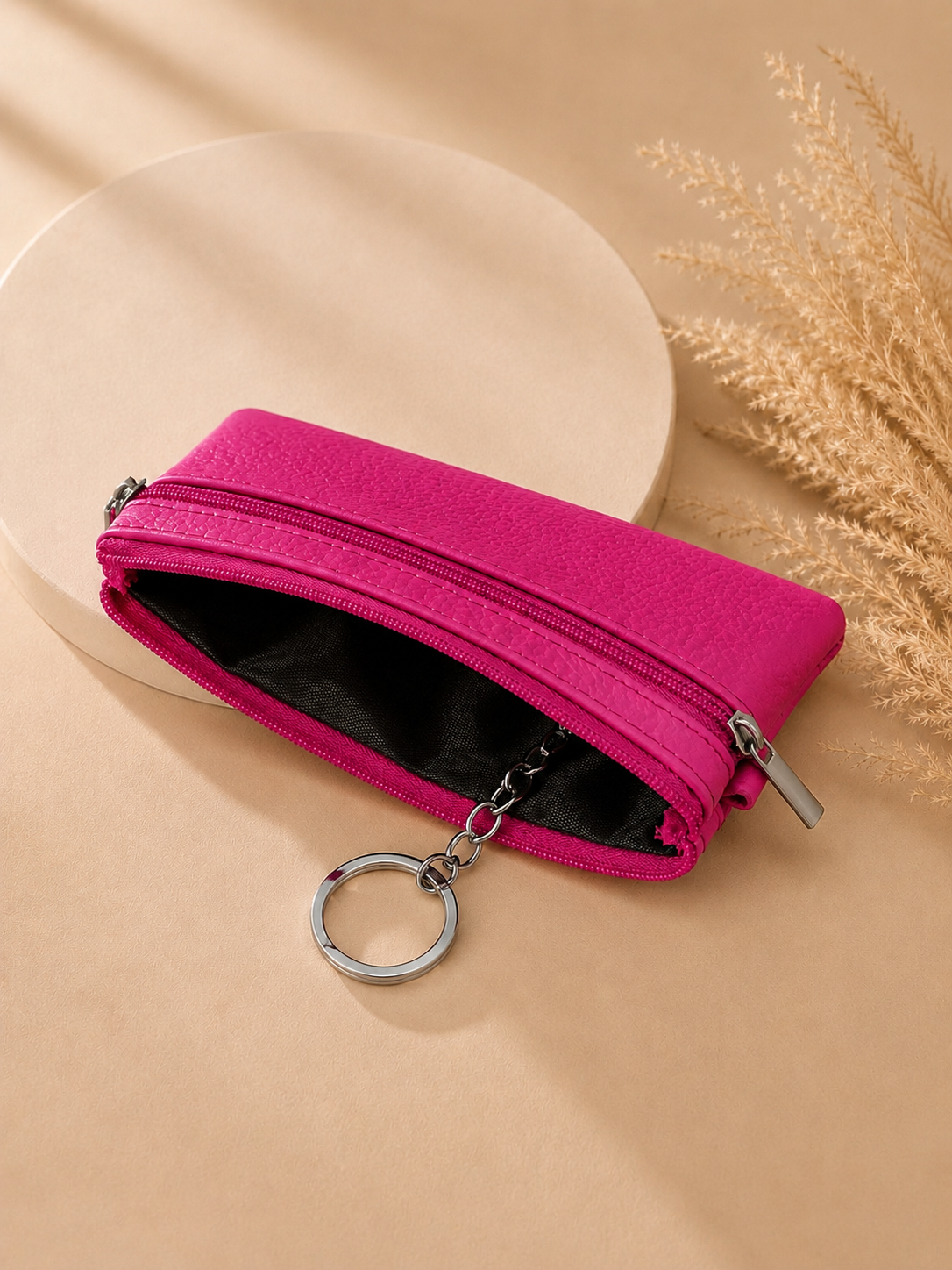 Porte-monnaie femme en cuir grainé rose fuchsia