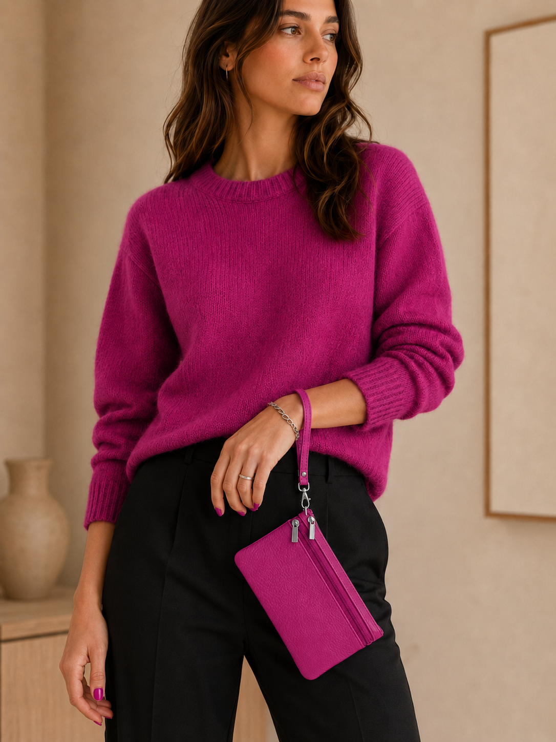 Porte-monnaie femme en cuir grainé rose fuchsia