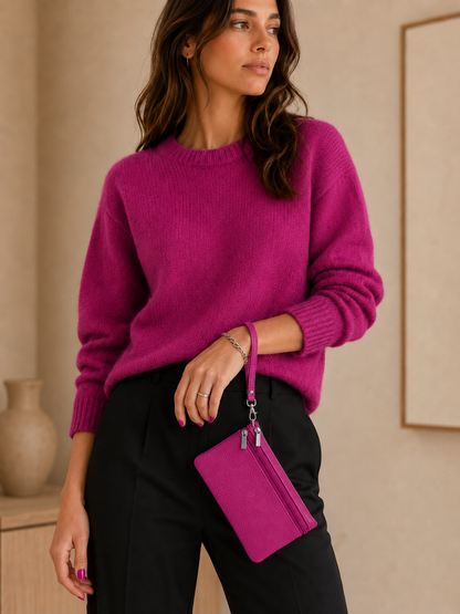 Porte-monnaie femme en cuir grainé rose fuchsia