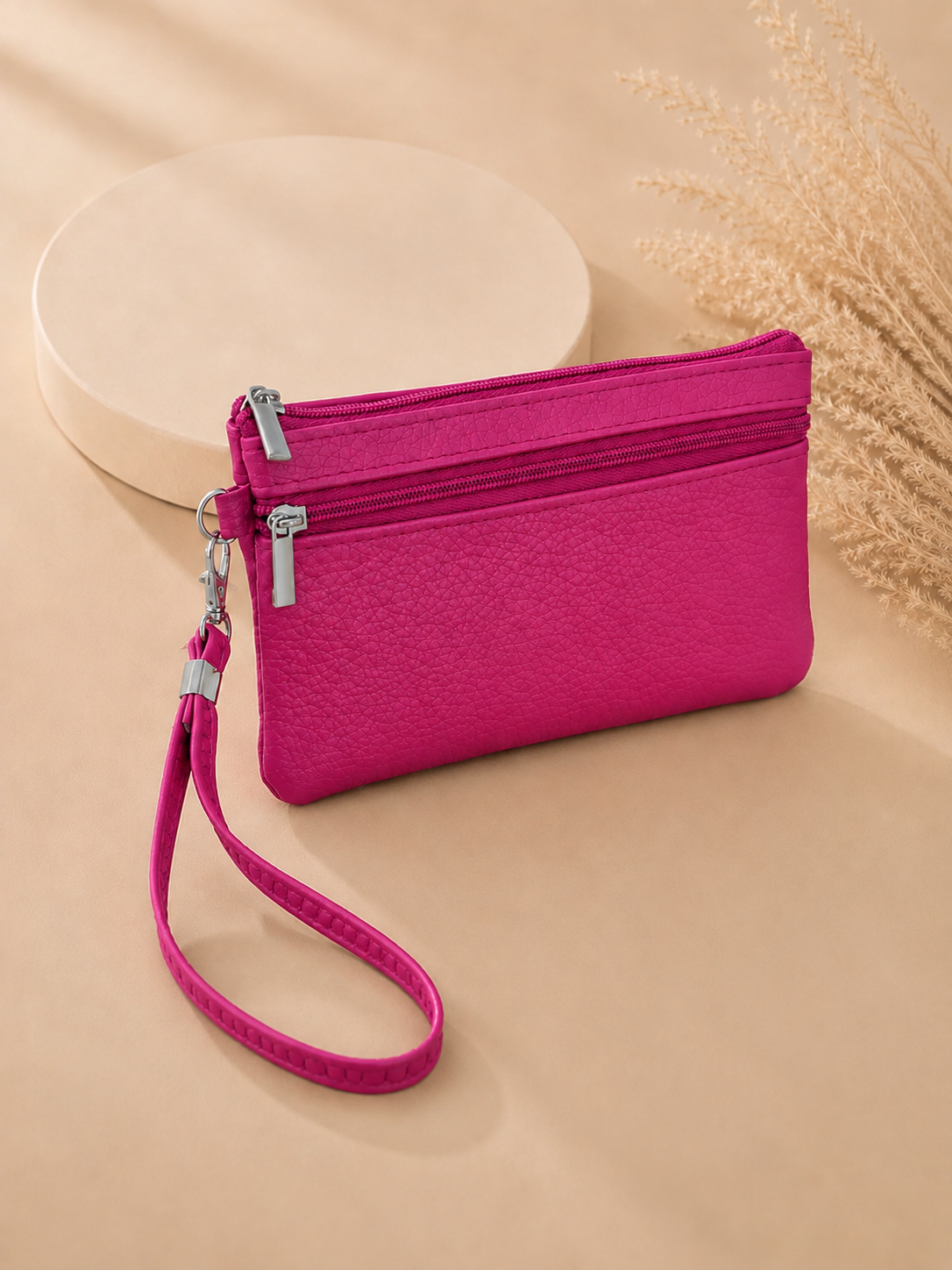 Porte-monnaie femme en cuir grainé rose fuchsia