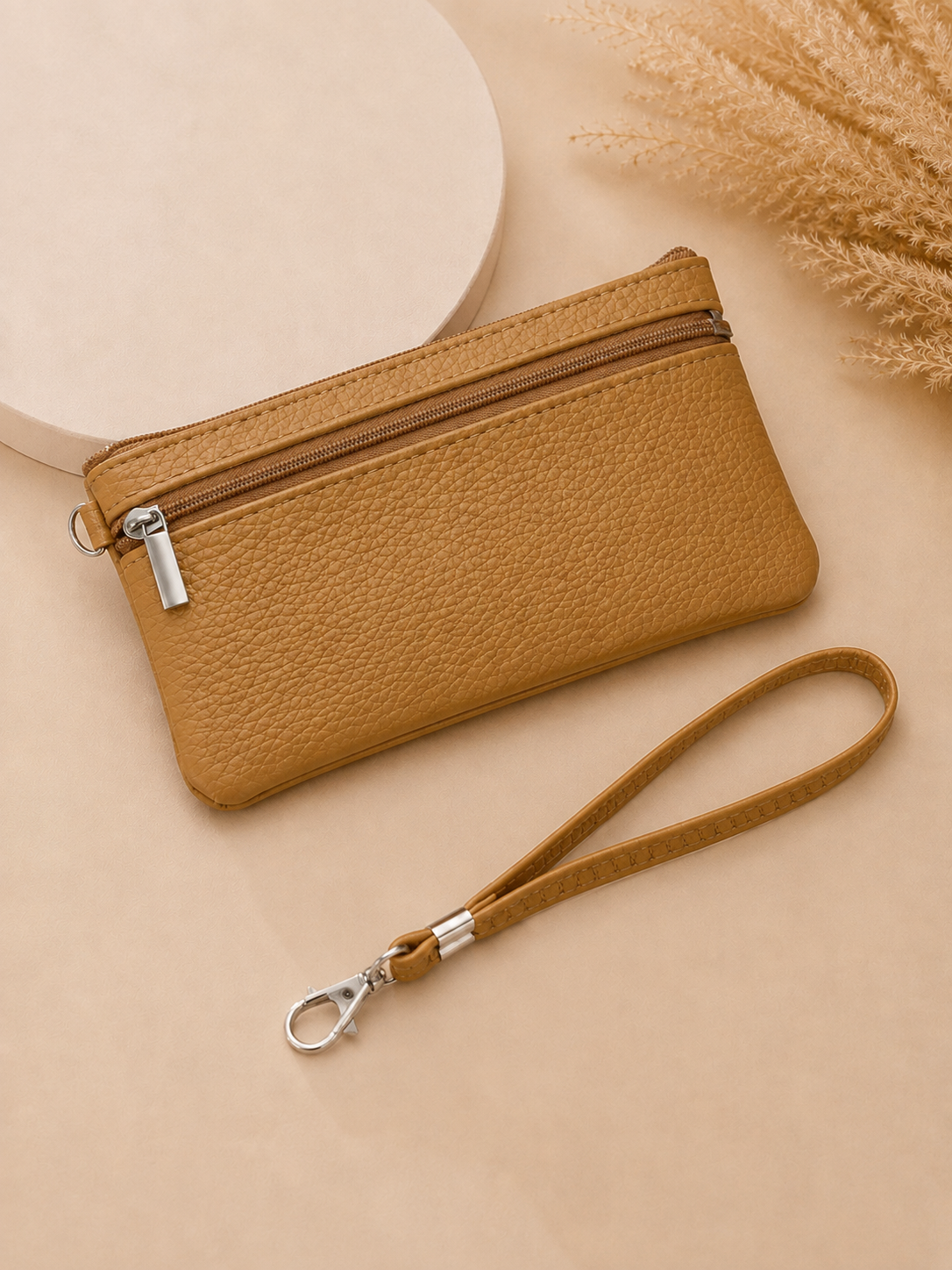 Porte-monnaie femme en cuir grainé beige camel