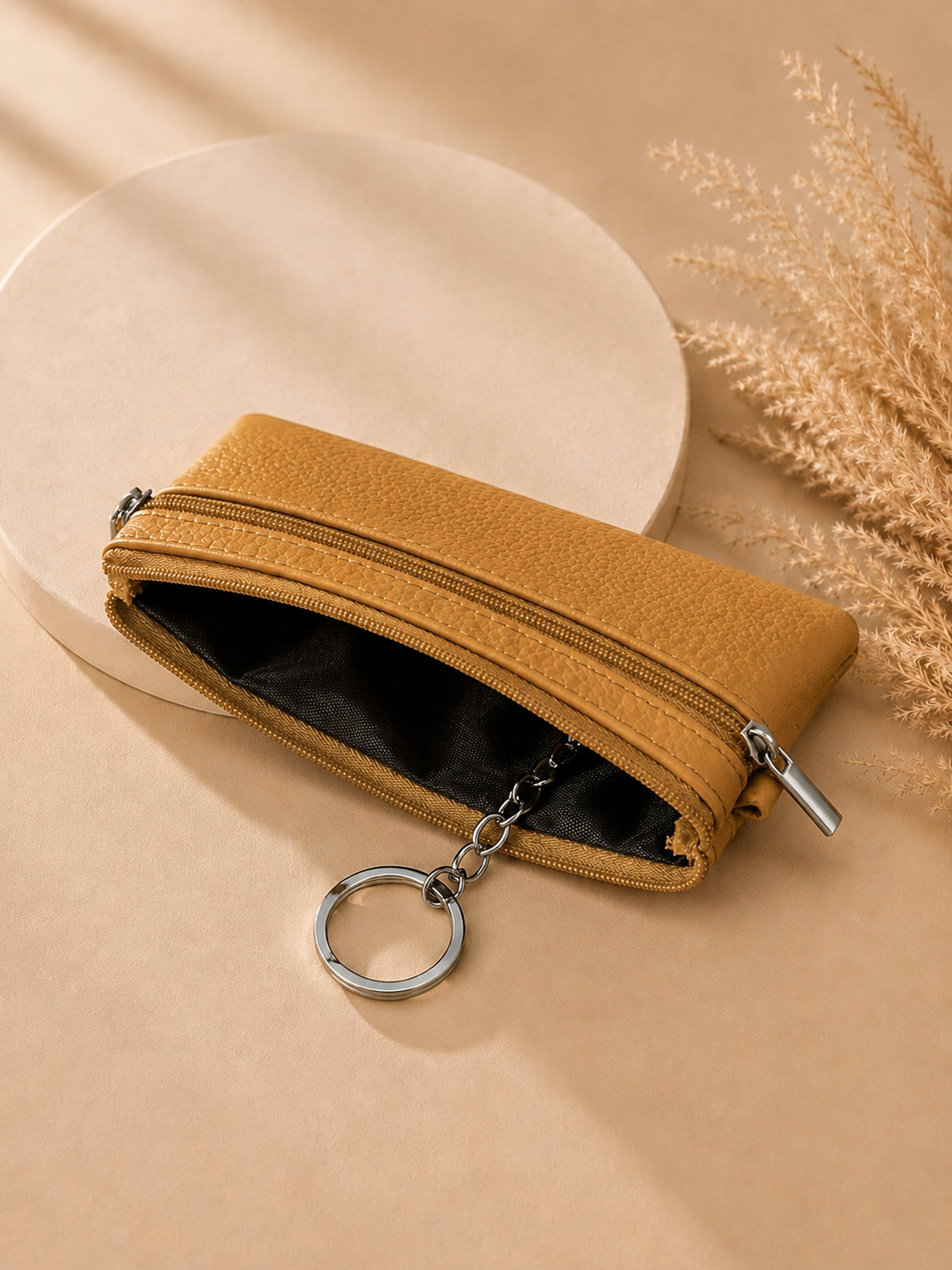 Porte-monnaie femme en cuir grainé beige camel