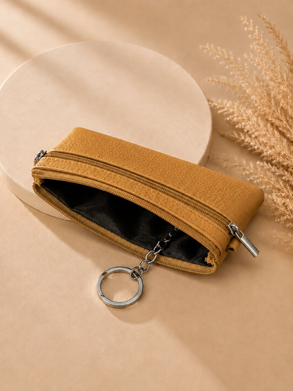 Porte-monnaie femme en cuir grainé beige camel