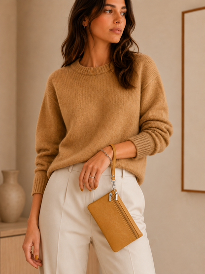 Porte-monnaie femme en cuir grainé beige camel