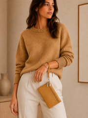 Porte-monnaie femme en cuir grainé beige camel