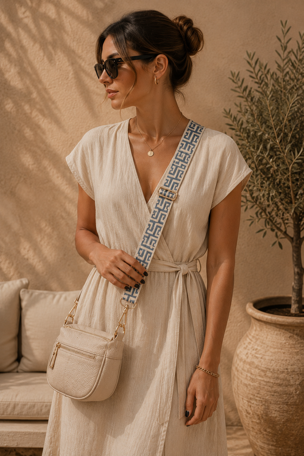 Bandoulière de sac femme à motif graphique gris bleuté et blanc cassé