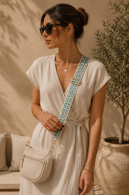 Bandoulière de sac femme à motif graphique vert sauge et blanc cassé