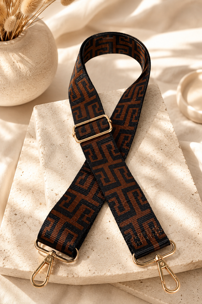 Bandoulière de sac femme à motif graphique noir et marron cognac