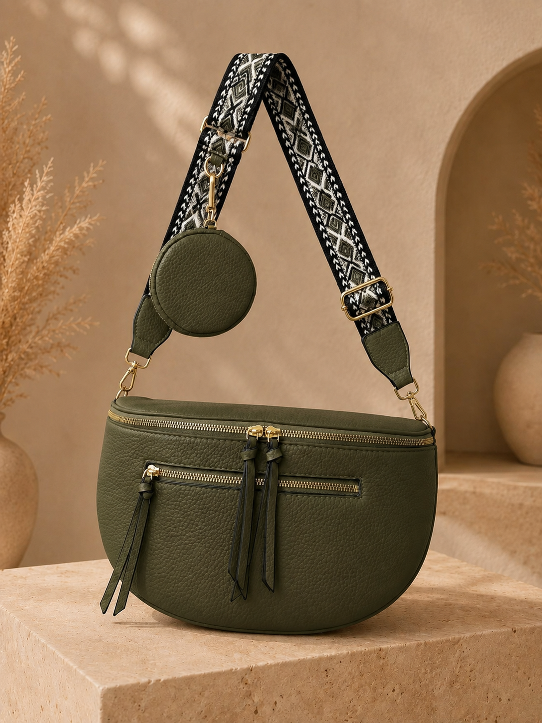Grand sac banane femme Cuir vert kaki Bandoulière large - Porte-monnaie inclus
