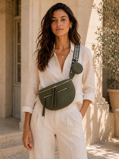 Grand sac banane femme Cuir vert kaki Bandoulière large - Porte-monnaie inclus