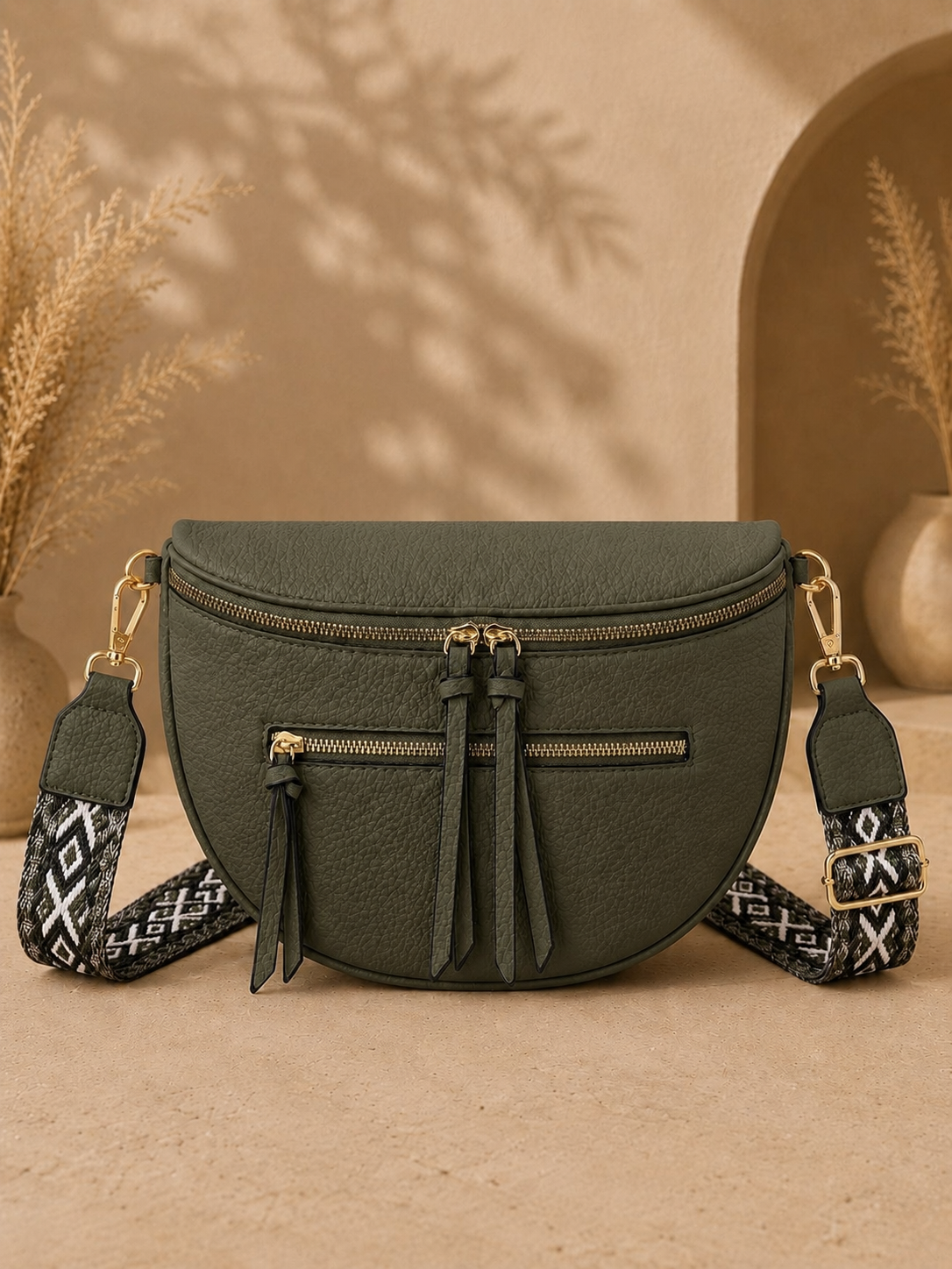 Grand sac banane femme Cuir vert kaki Bandoulière large - Porte-monnaie inclus