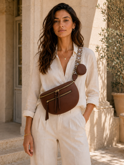 Grand sac banane femme Cuir marron Bandoulière large - Porte-monnaie inclus