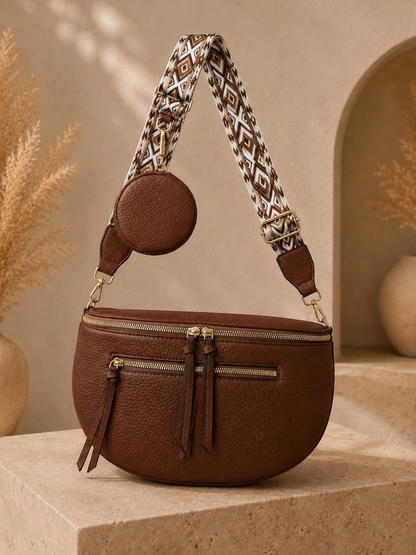 Grand sac banane femme Cuir marron Bandoulière large - Porte-monnaie inclus