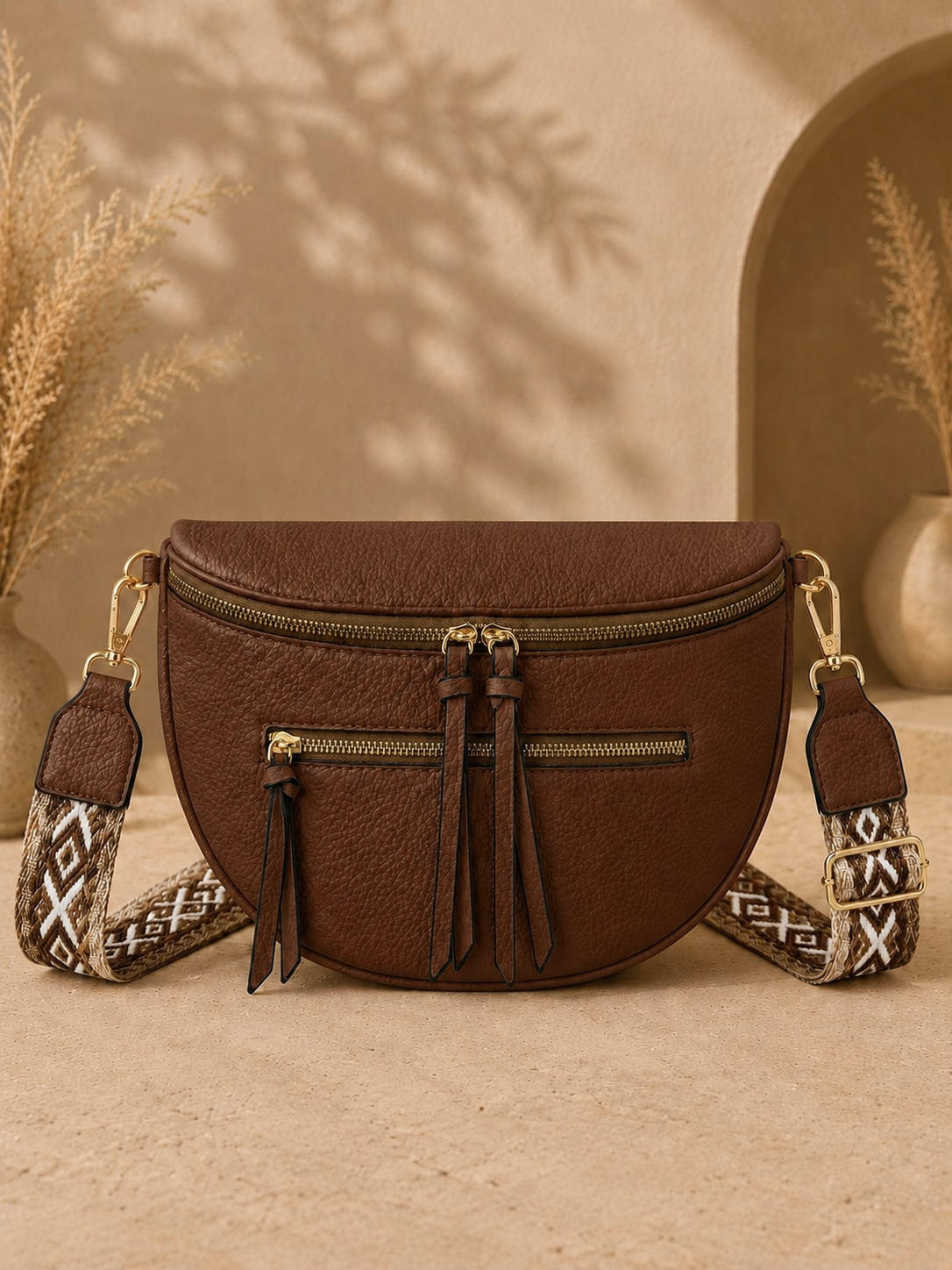 Grand sac banane femme Cuir marron Bandoulière large - Porte-monnaie inclus
