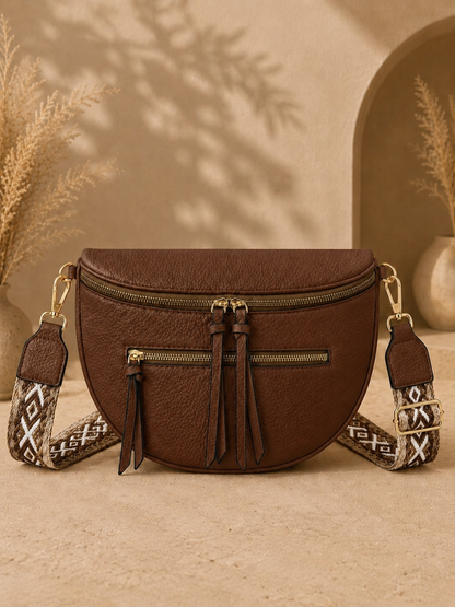 Grand sac banane femme Cuir marron Bandoulière large - Porte-monnaie inclus
