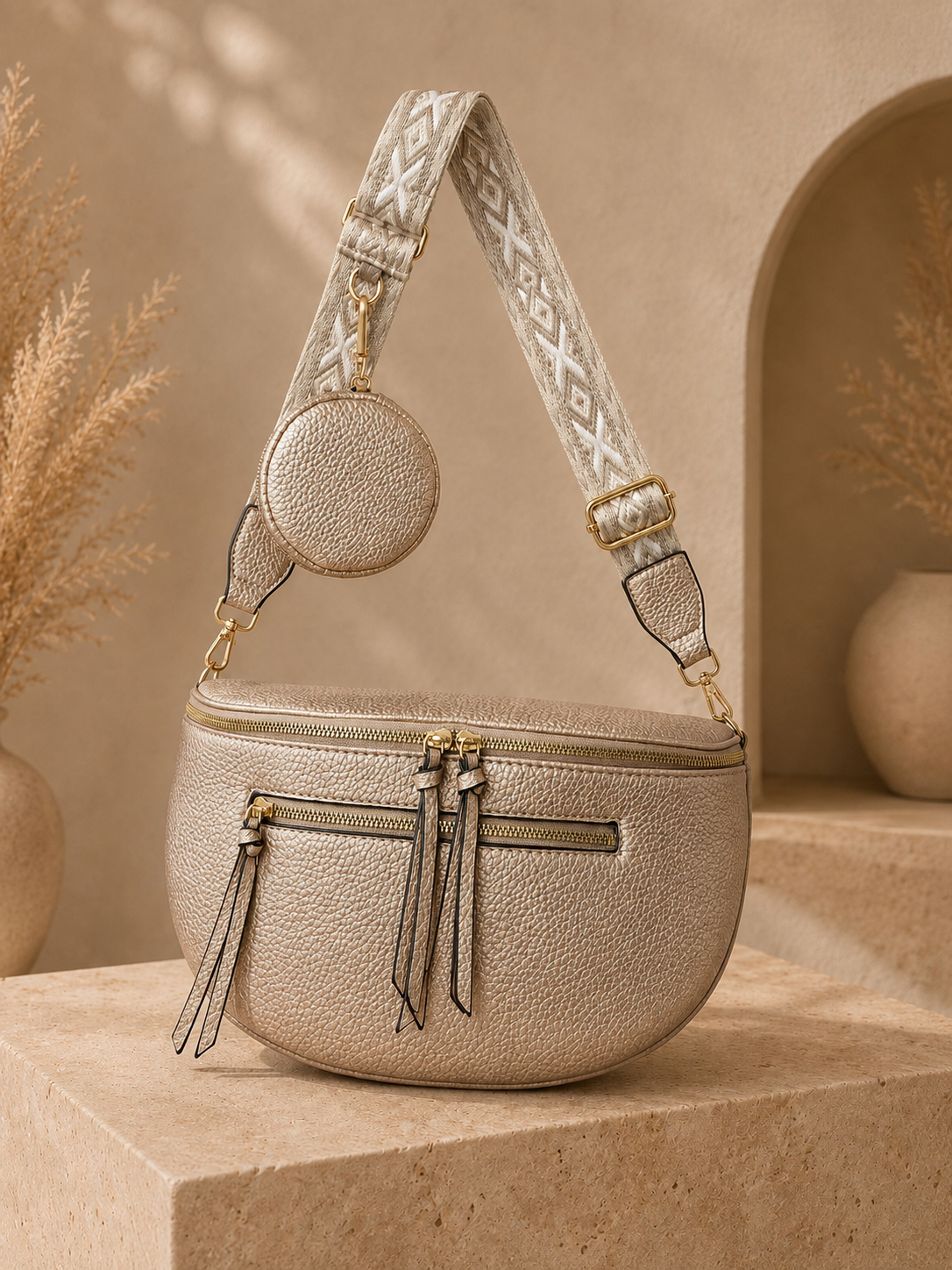 Grand sac banane femme Cuir rose gold Bandoulière large - Porte-monnaie inclus
