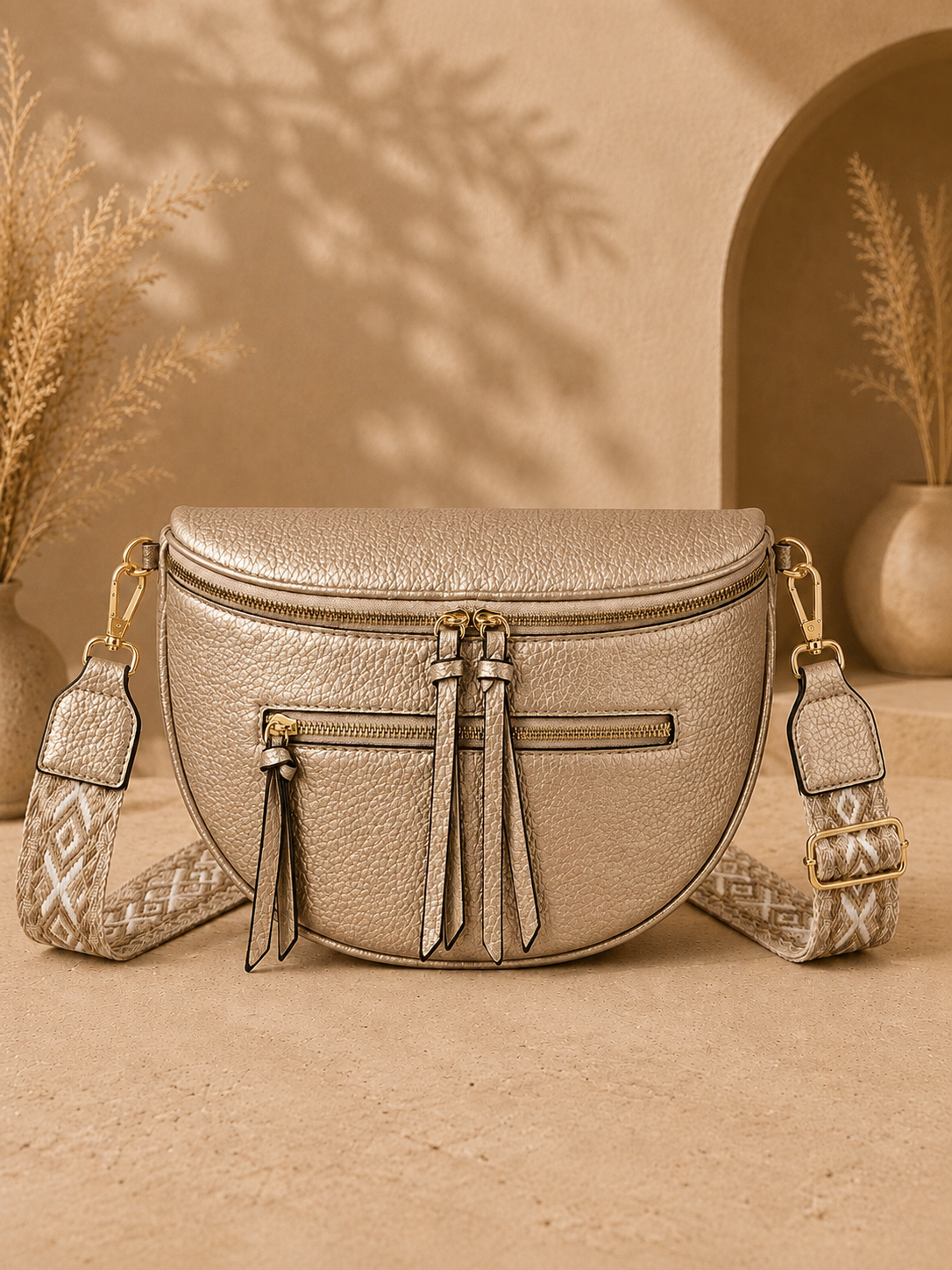 Grand sac banane femme Cuir rose gold Bandoulière large - Porte-monnaie inclus