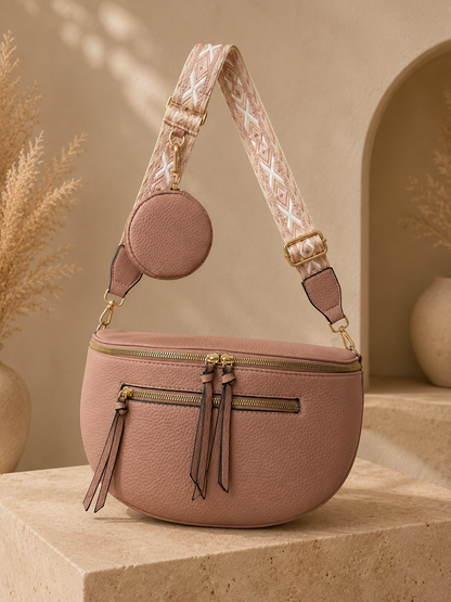 Grand sac banane femme Cuir vieux rose Bandoulière large - Porte-monnaie inclus