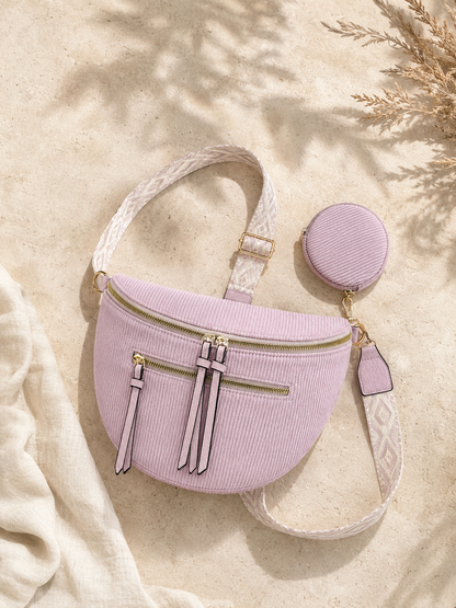 Grand sac banane femme Velours côtelé rose poudré Bandoulière large - Porte-monnaie inclus