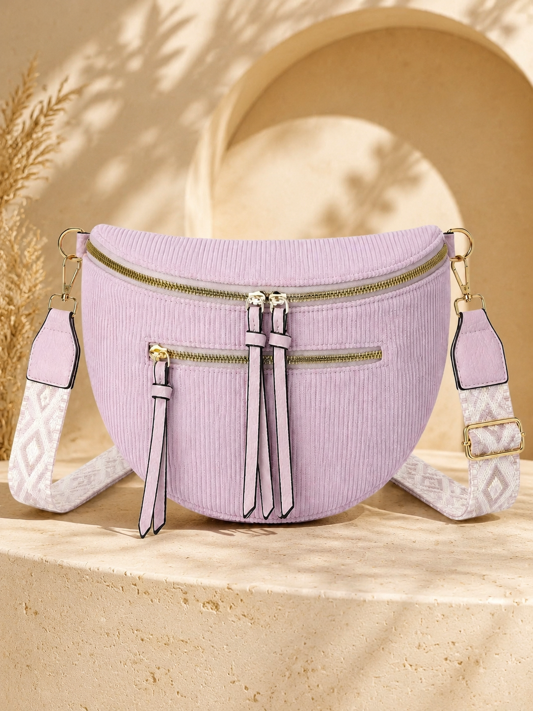 Grand sac banane femme Velours côtelé rose poudré Bandoulière large - Porte-monnaie inclus