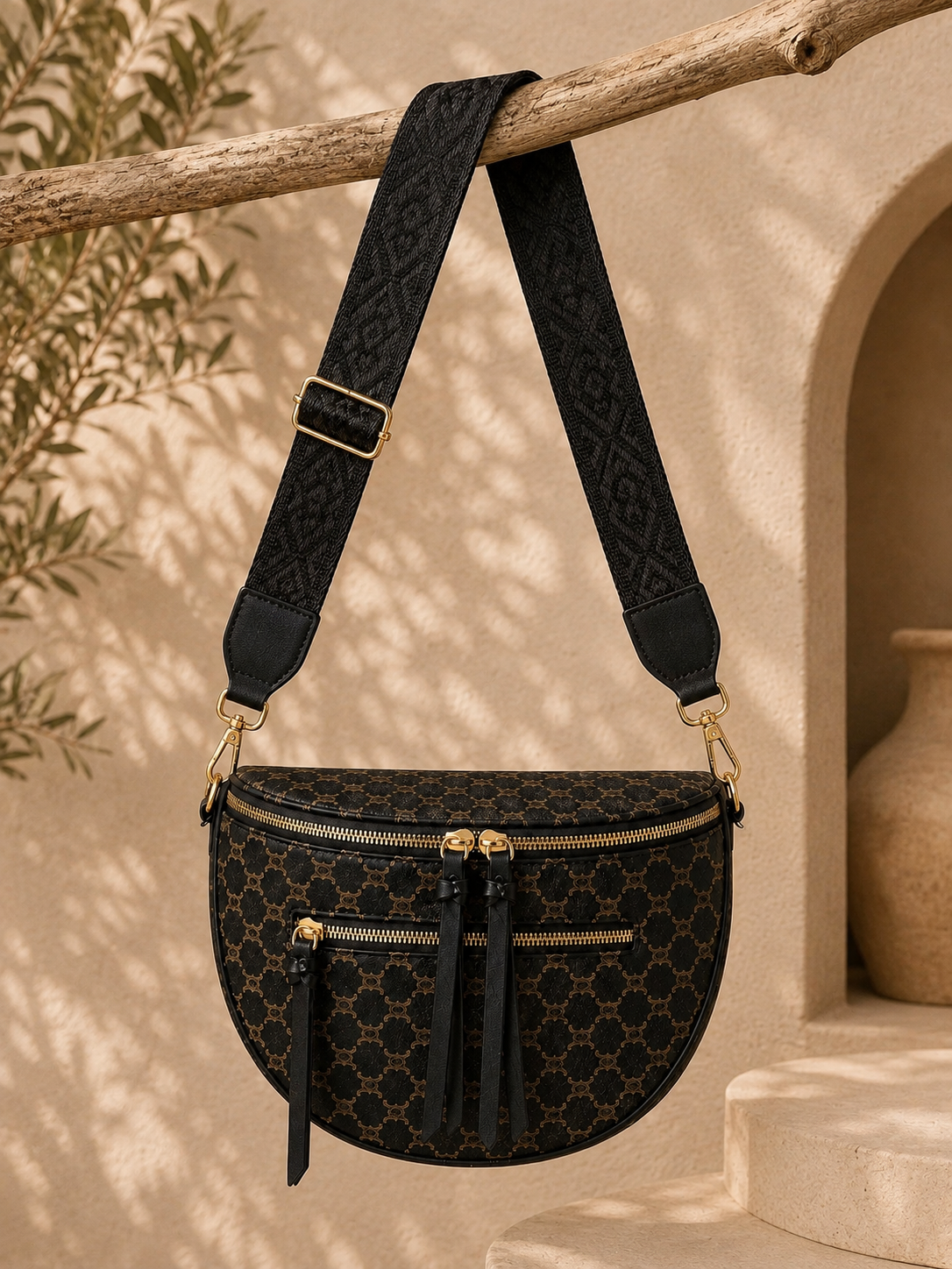 Sac banane femme XL – Marron chocolat à monogramme marron camel – Porte-monnaie assorti – Bandoulière interchangeable