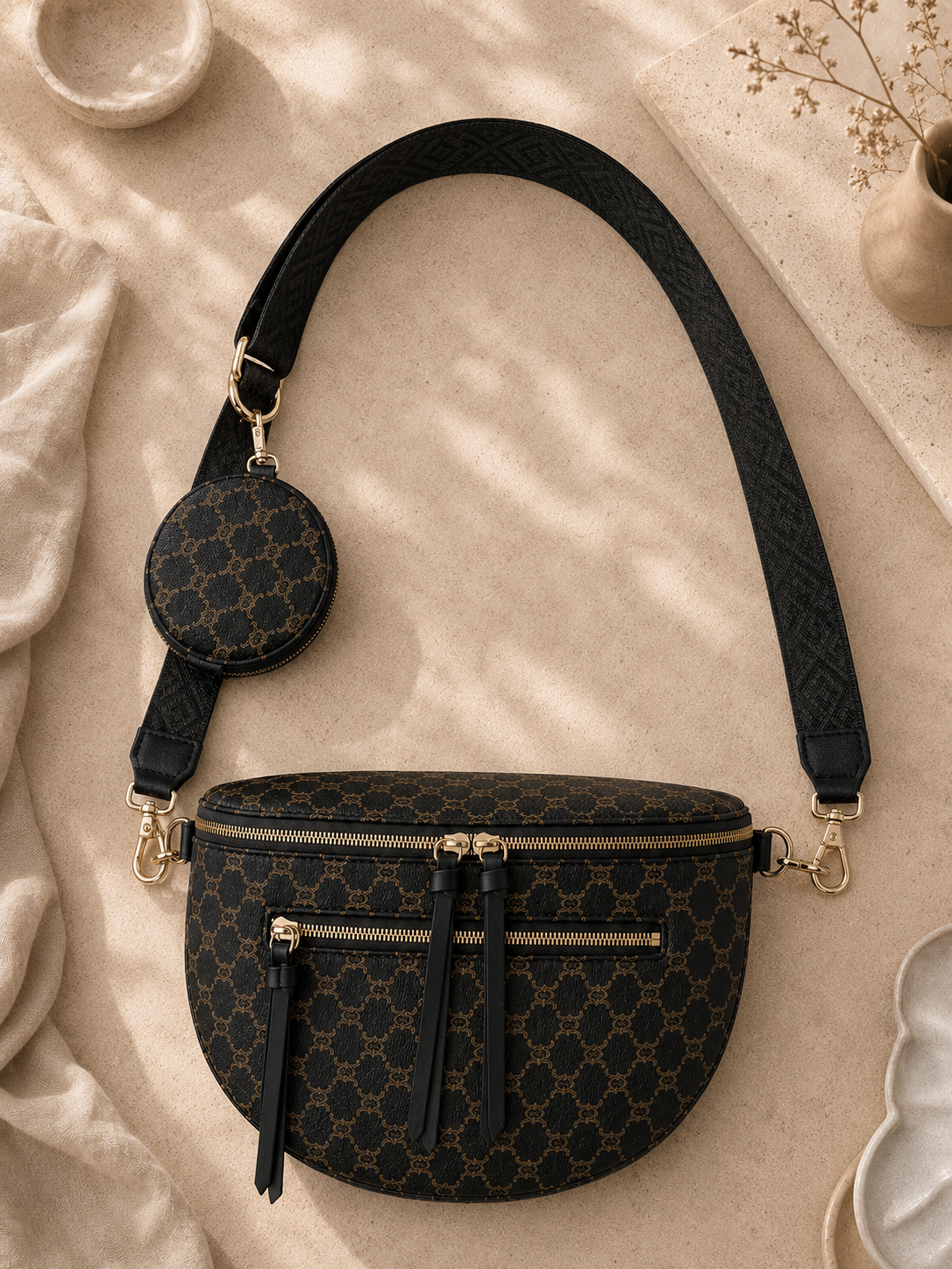 Sac banane femme XL – Marron chocolat à monogramme marron camel – Porte-monnaie assorti – Bandoulière interchangeable