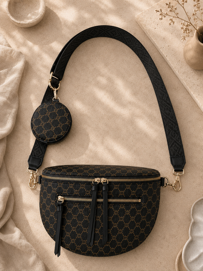Sac banane femme XL – Marron chocolat à monogramme marron camel – Porte-monnaie assorti – Bandoulière interchangeable