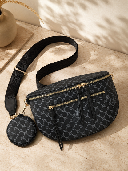 Sac banane femme XL – Noir encre à monogramme blanc glacier – Porte-monnaie assorti – Bandoulière interchangeable