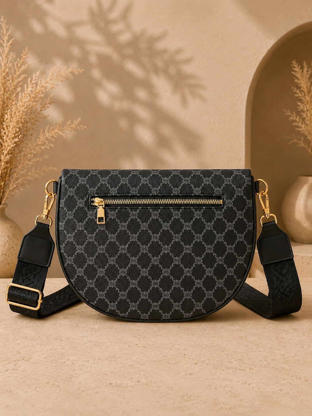 Sac banane femme XL – Noir encre à monogramme blanc glacier – Porte-monnaie assorti – Bandoulière interchangeable