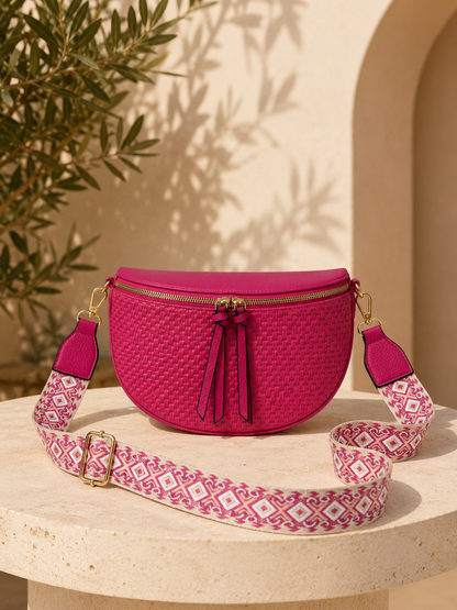 Sac banane femme XL raphia rose fuchsia – Porte-monnaie assorti – Bandoulière interchangeable
