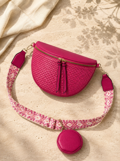 Sac banane femme XL raphia rose fuchsia – Porte-monnaie assorti – Bandoulière interchangeable