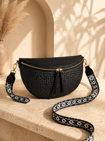 Sac banane femme XL raphia noir – Porte-monnaie assorti – Bandoulière interchangeable