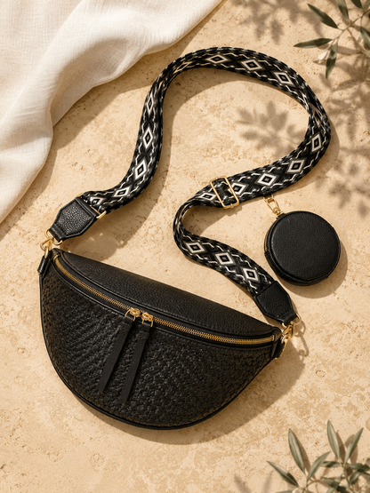 Sac banane femme XL raphia noir – Porte-monnaie assorti – Bandoulière interchangeable