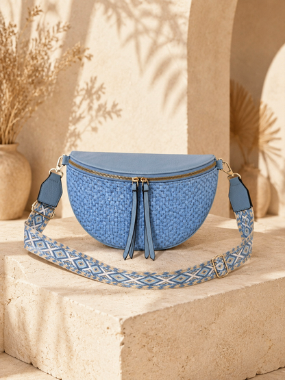 Sac banane femme XL raphia bleu ciel – Porte-monnaie assorti – Bandoulière interchangeable