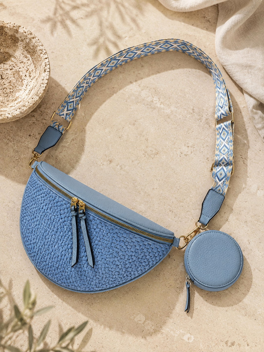 Sac banane femme XL raphia bleu ciel – Porte-monnaie assorti – Bandoulière interchangeable