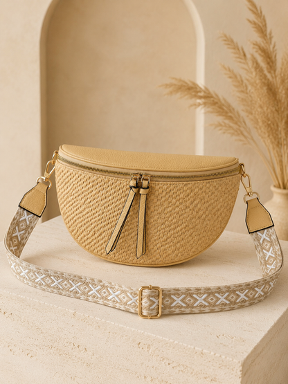 Sac banane femme XL raphia beige sable – Porte-monnaie assorti – Bandoulière interchangeable