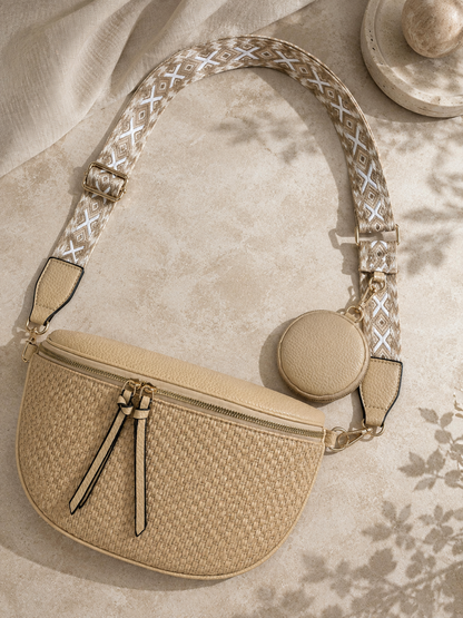 Sac banane femme XL raphia beige sable – Porte-monnaie assorti – Bandoulière interchangeable