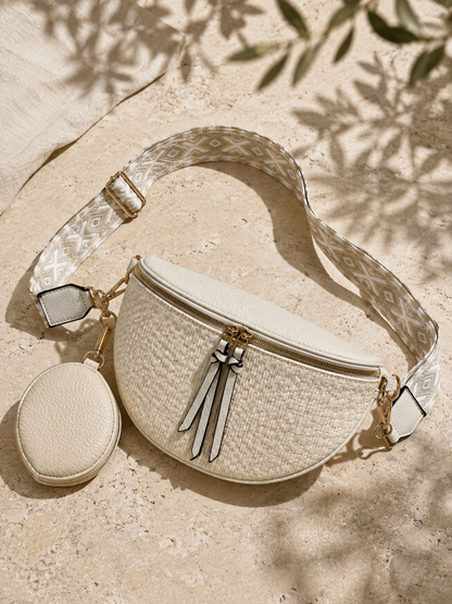 Sac banane femme XL raphia blanc ivoire – Porte-monnaie assorti – Bandoulière interchangeable