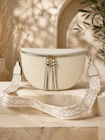 Sac banane femme XL raphia blanc ivoire – Porte-monnaie assorti – Bandoulière interchangeable