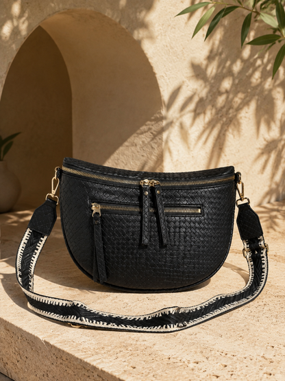 Sac banane femme XL en cuir tressé noir – Porte-monnaie assorti – Bandoulière interchangeable