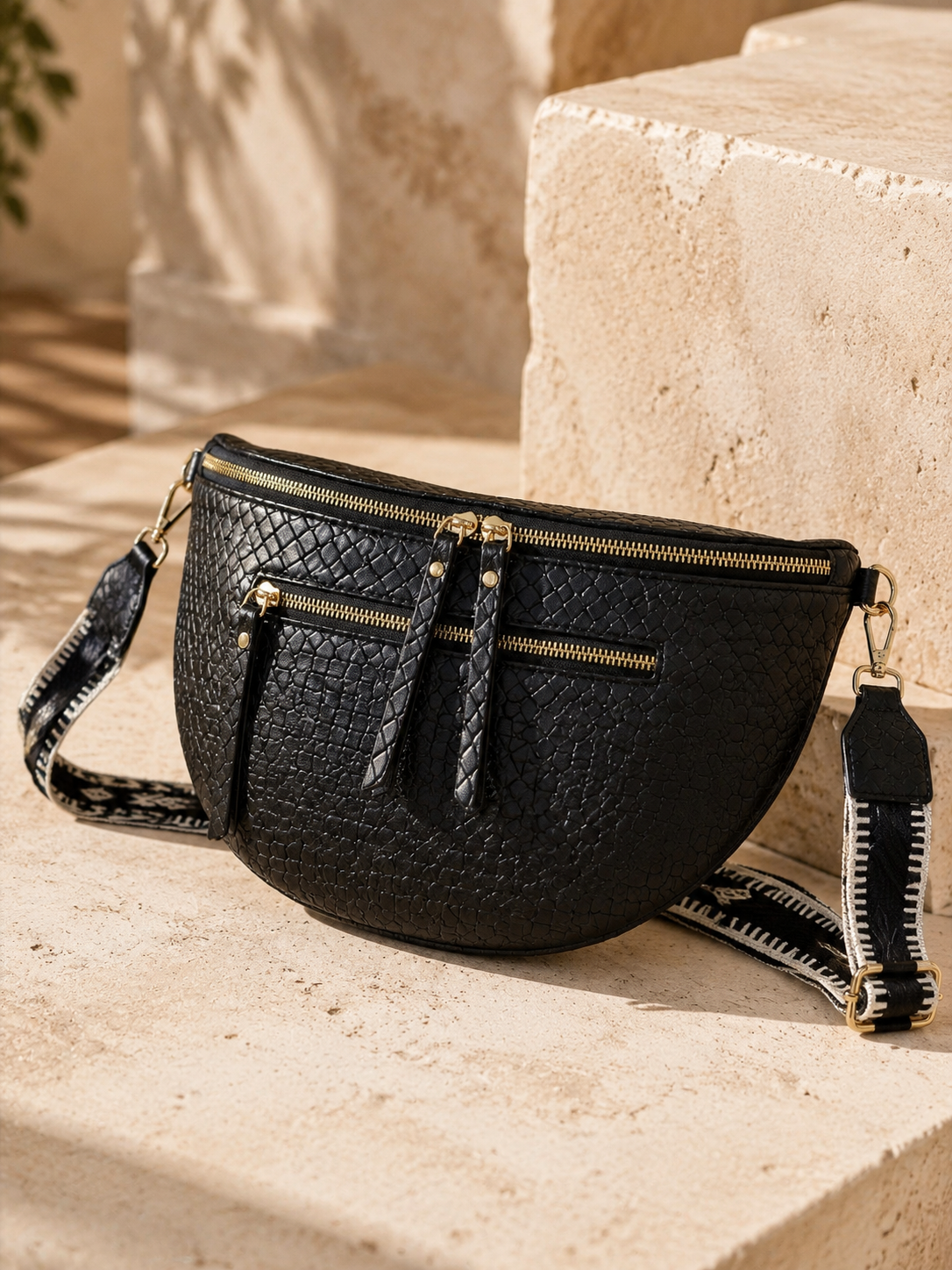 Sac banane femme XL en cuir tressé noir – Porte-monnaie assorti – Bandoulière interchangeable