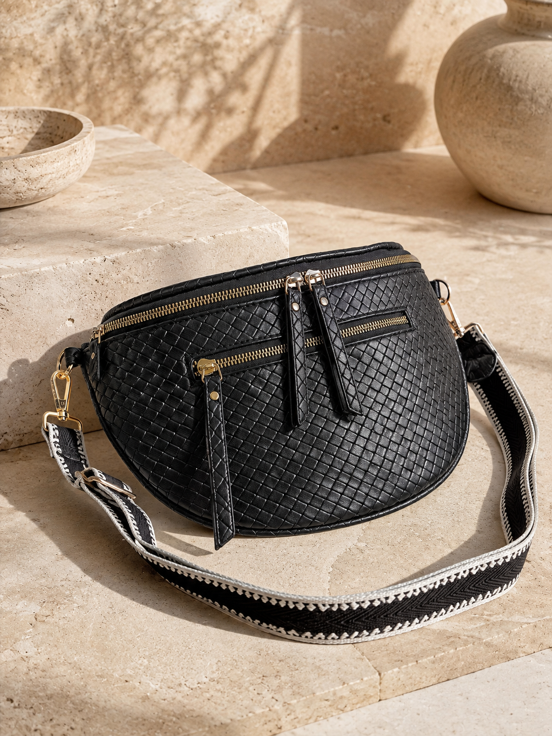 Sac banane femme XL en cuir tressé noir – Porte-monnaie assorti – Bandoulière interchangeable