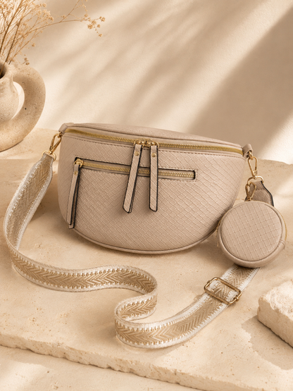 Sac banane femme XL en cuir tressé beige nude – Porte-monnaie assorti – Bandoulière interchangeable