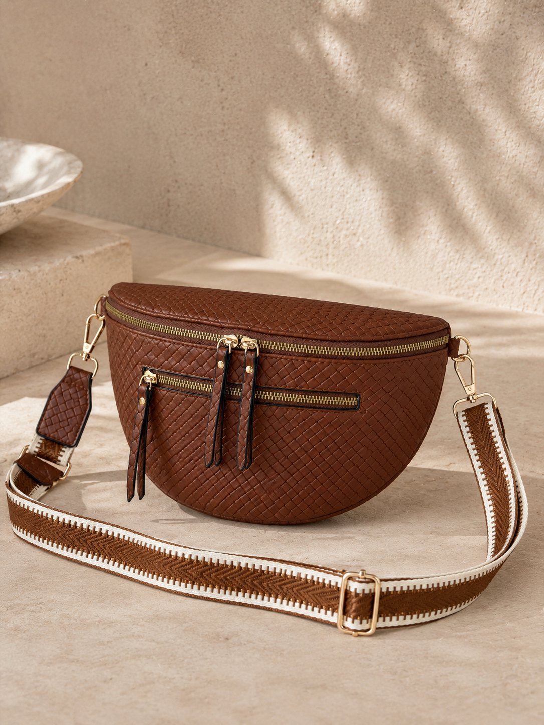 Sac banane femme XL en cuir tressé marron – Porte-monnaie assorti – Bandoulière interchangeable