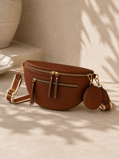 Sac banane femme XL en cuir tressé marron – Porte-monnaie assorti – Bandoulière interchangeable
