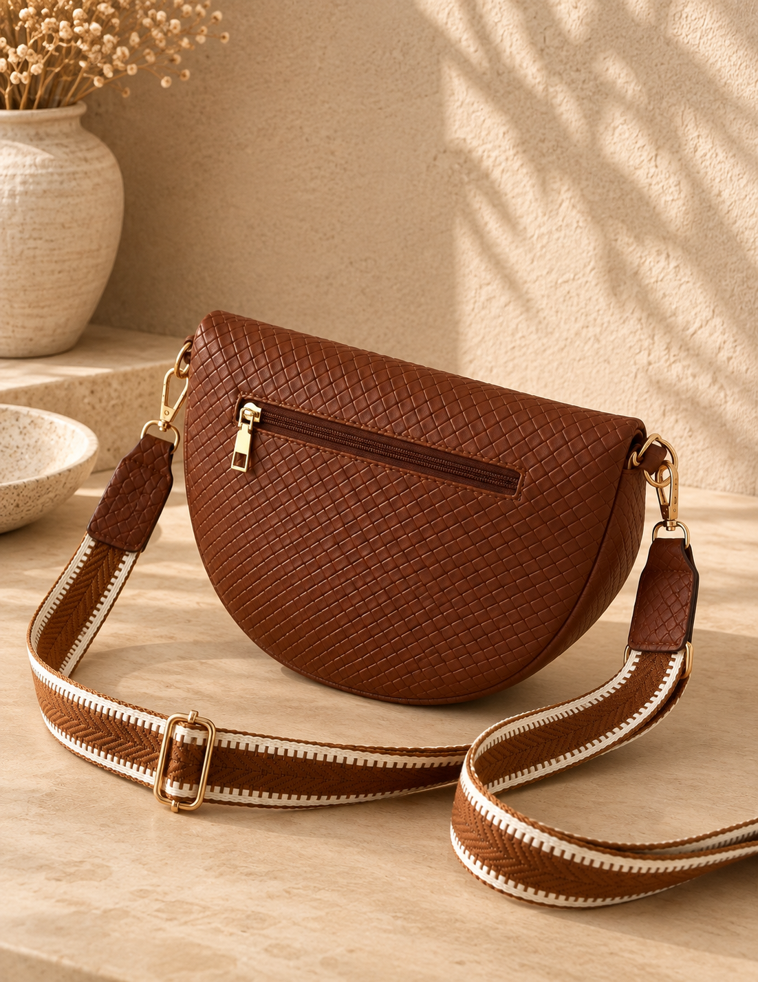 Sac banane femme XL en cuir tressé marron – Porte-monnaie assorti – Bandoulière interchangeable